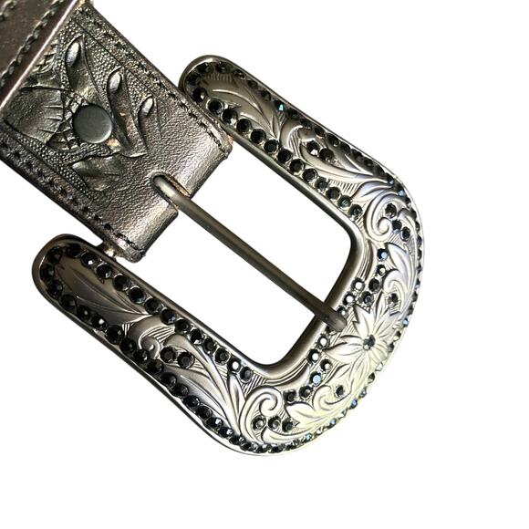 VTG Western Acorn Tooled Sz 32” Dark Brown Gun Metal Buckle Rhinestone Bling - Picture 10 of 12